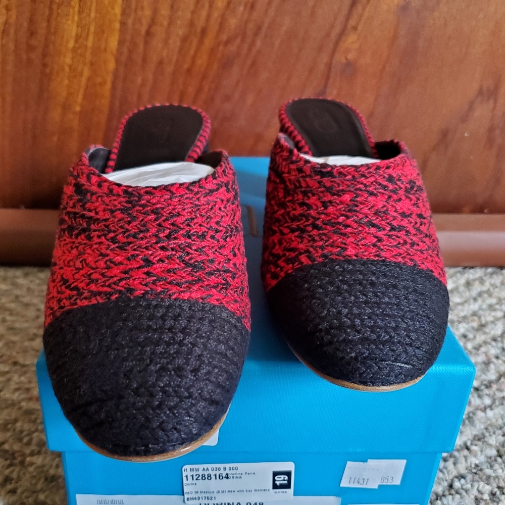 NIB ANTOLINA PARIS Dorina Red Black Woven Knit Block Heel Pumps Mules sz 38 - Picture 6 of 11